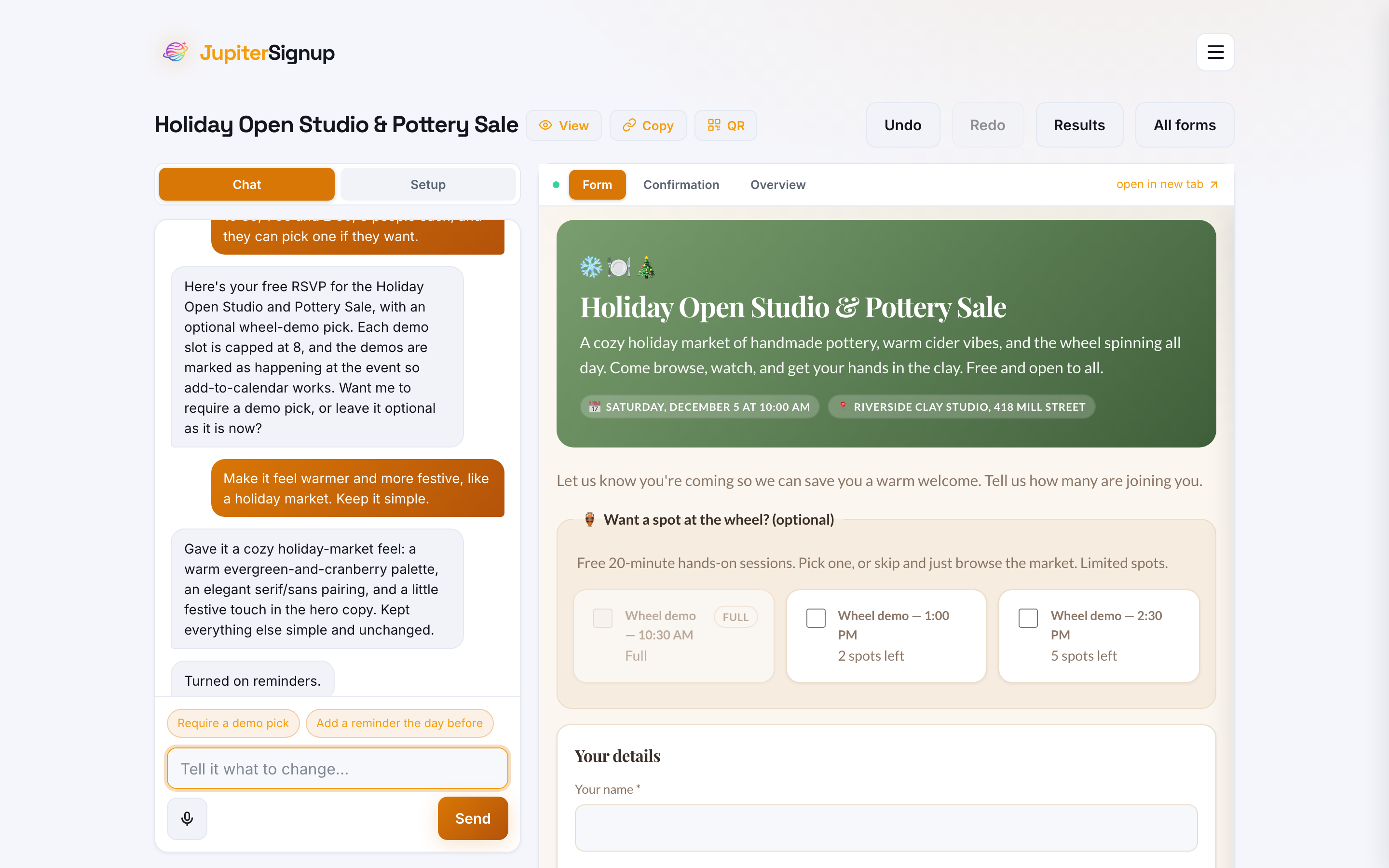 The holiday sale RSVP restyled from one chat message