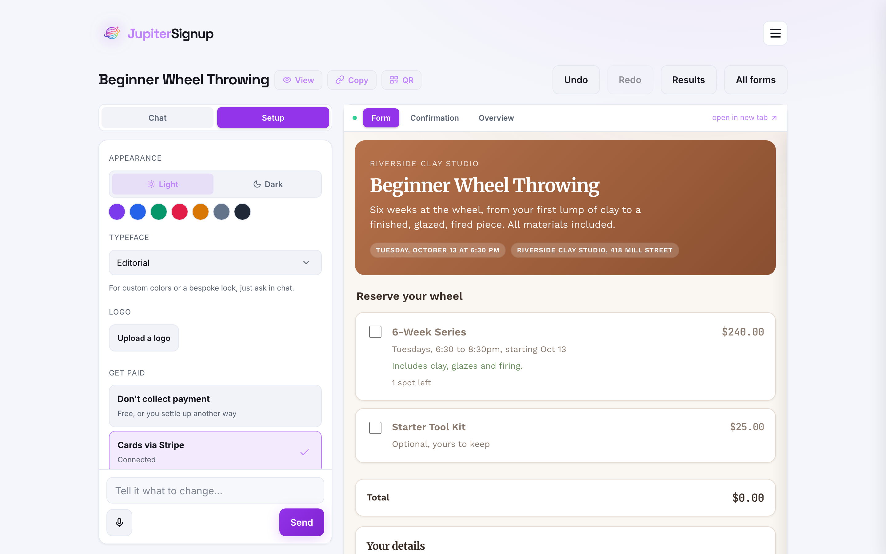 The Setup tab: appearance, typeface, logo, and card payments via Stripe