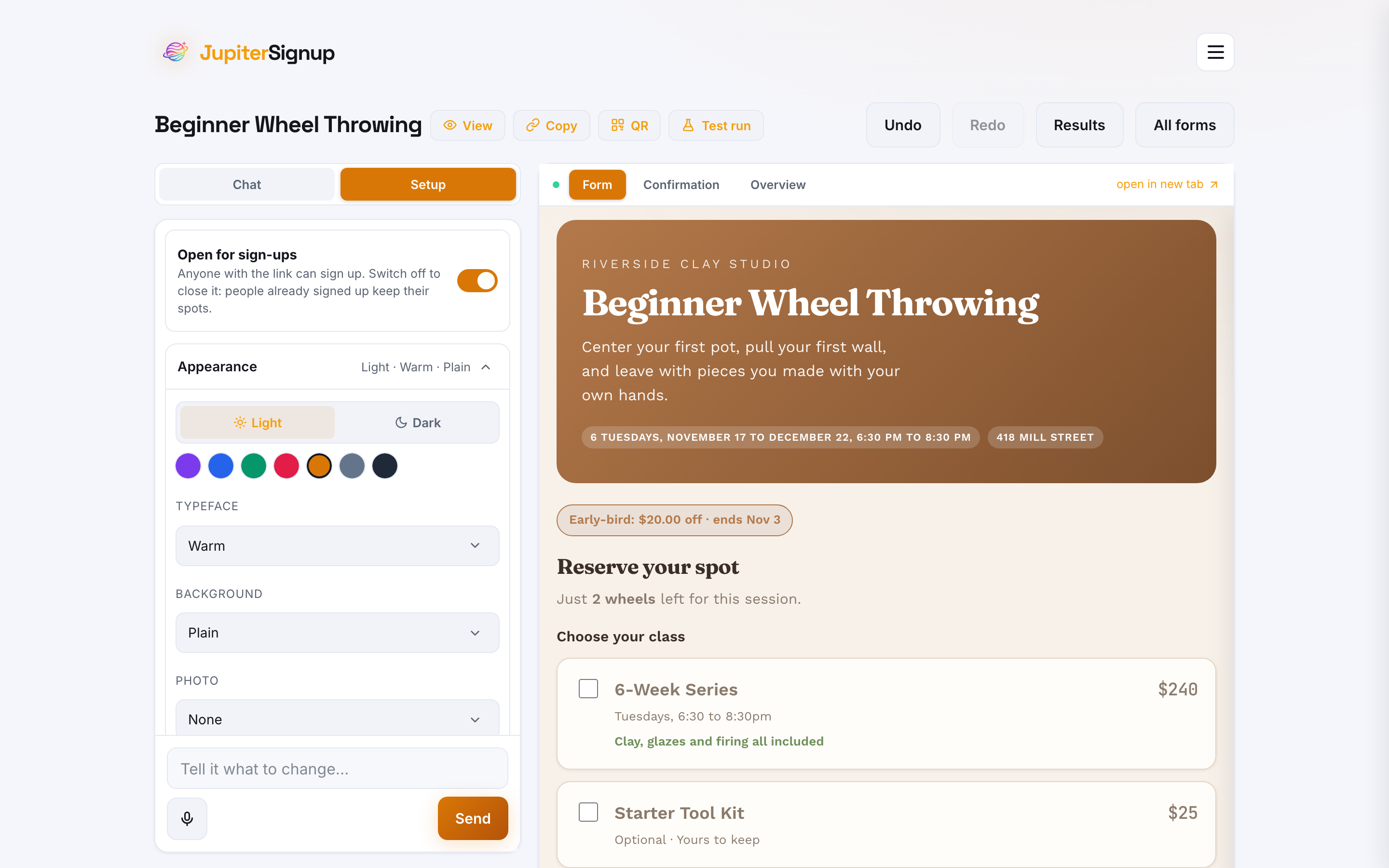 The Setup tab: appearance, typeface, logo, and card payments via Stripe