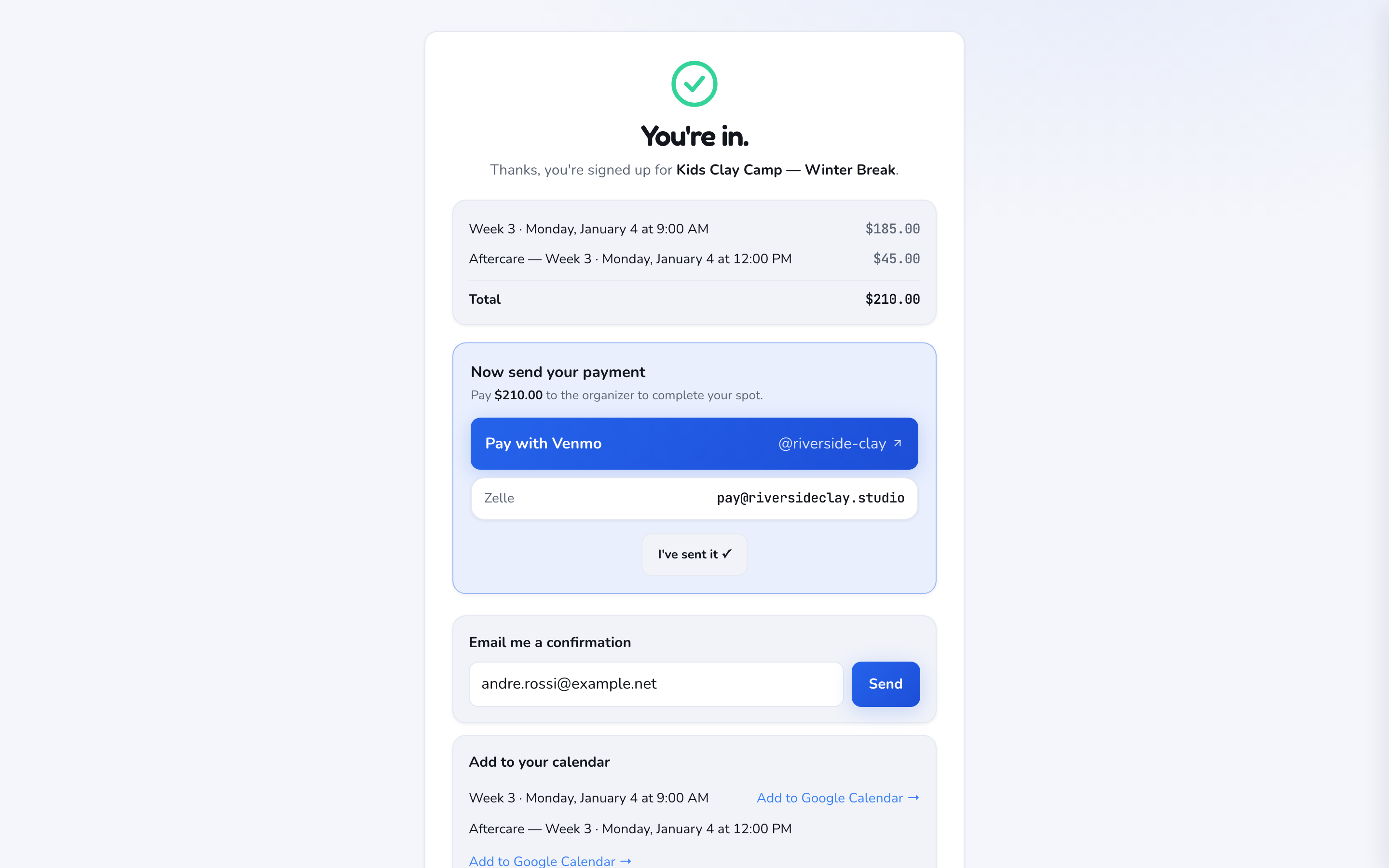 The confirmation screen after signing up for camp, with Pay with Venmo and Zelle