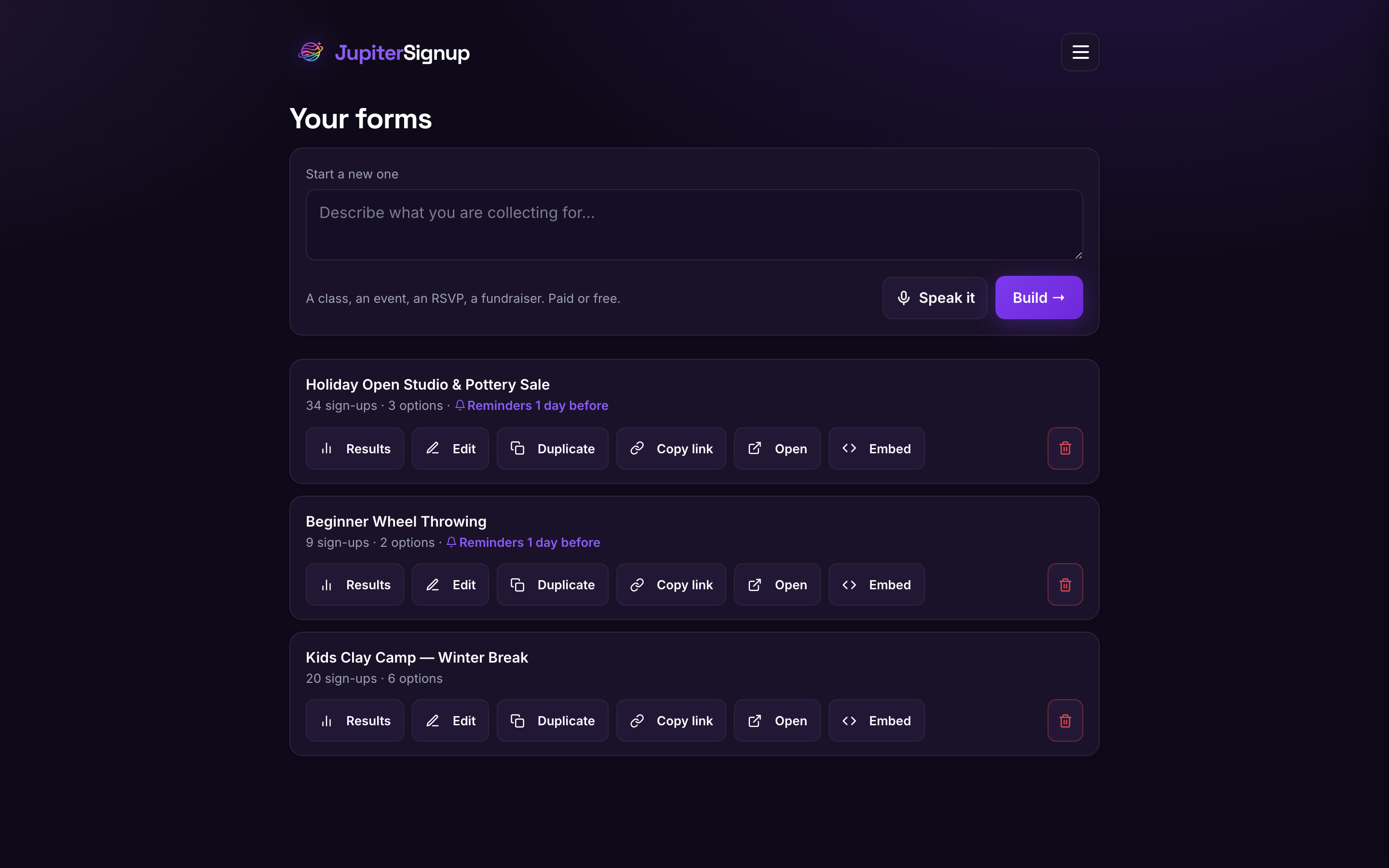 The dashboard: three forms with sign-up counts and reminders set a day before