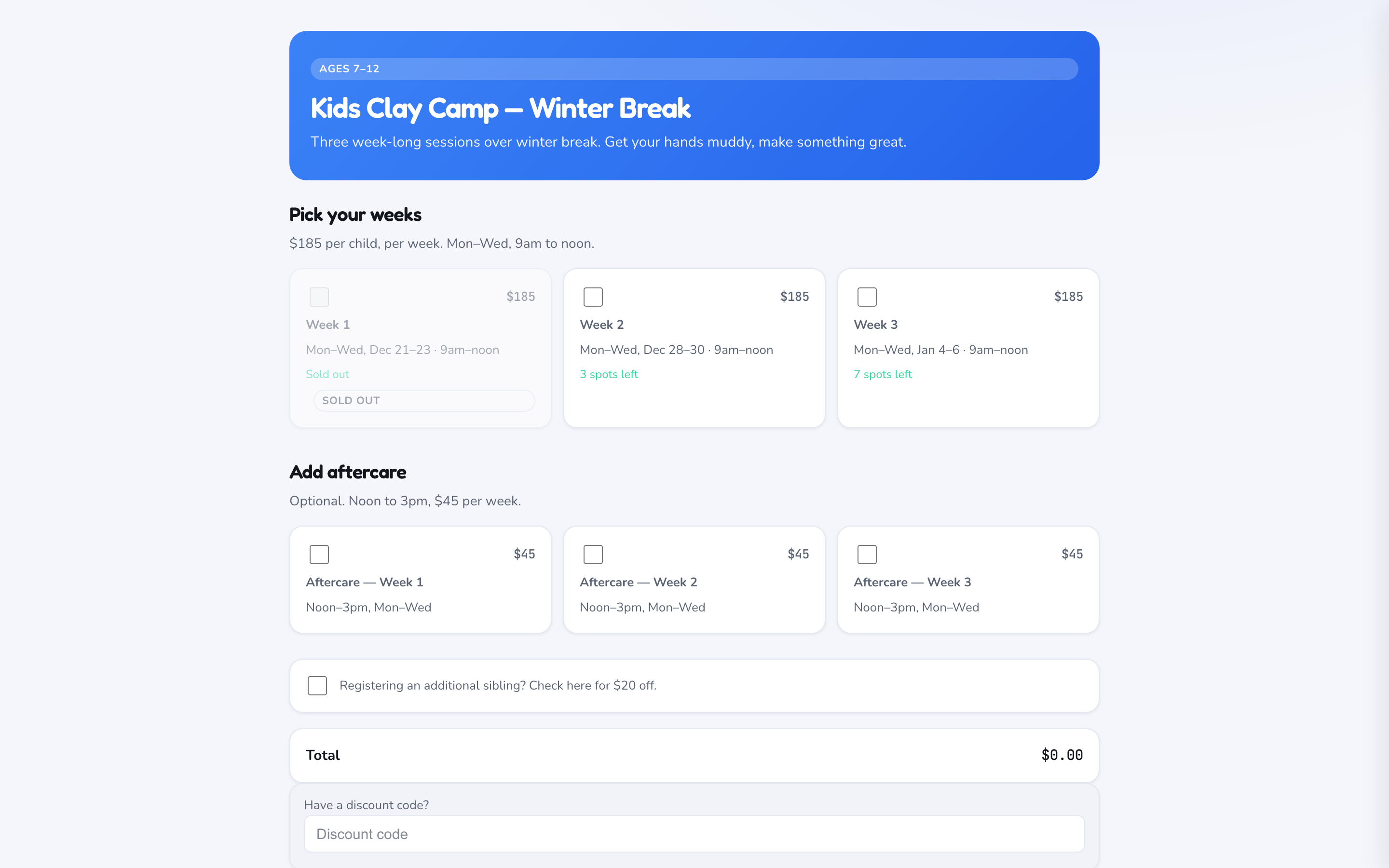 The camp form: Week 1 sold out, Week 2 with 3 spots left, aftercare add-ons and a sibling discount