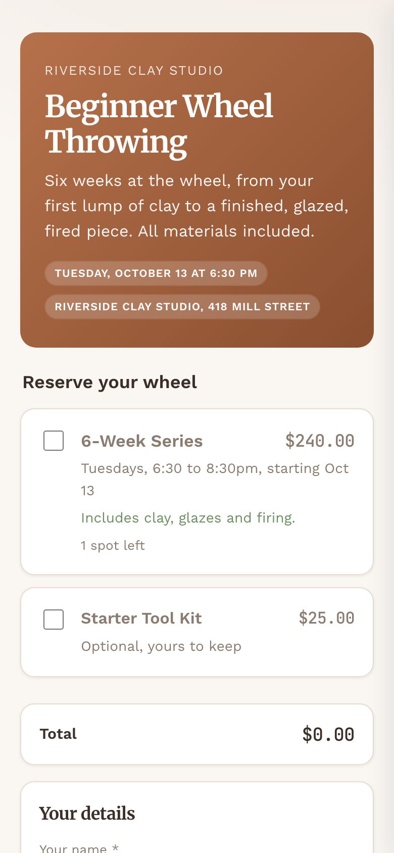 The wheel-throwing class form on a phone, one spot left