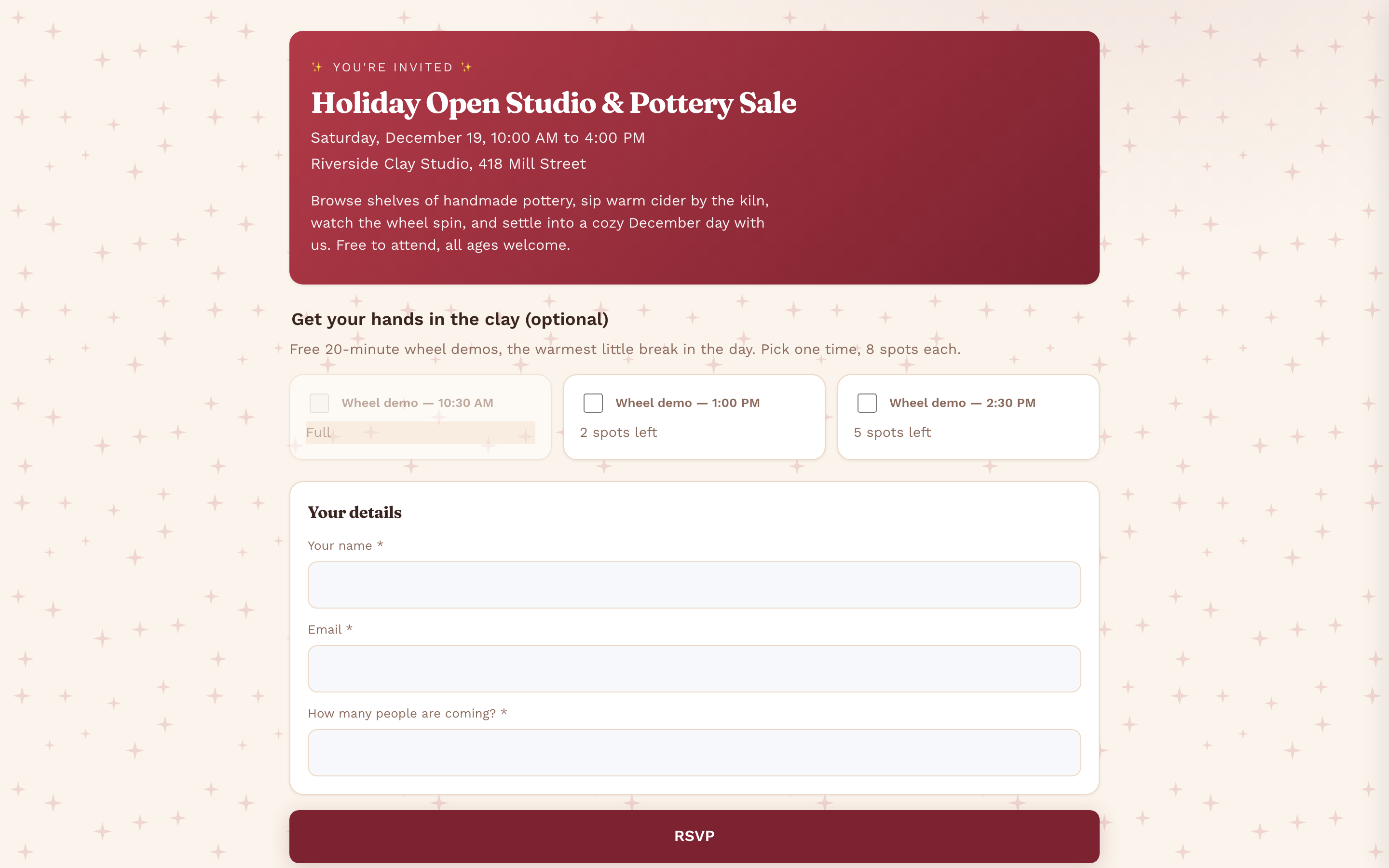 The free RSVP with wheel demo slots, the 10:30 slot full