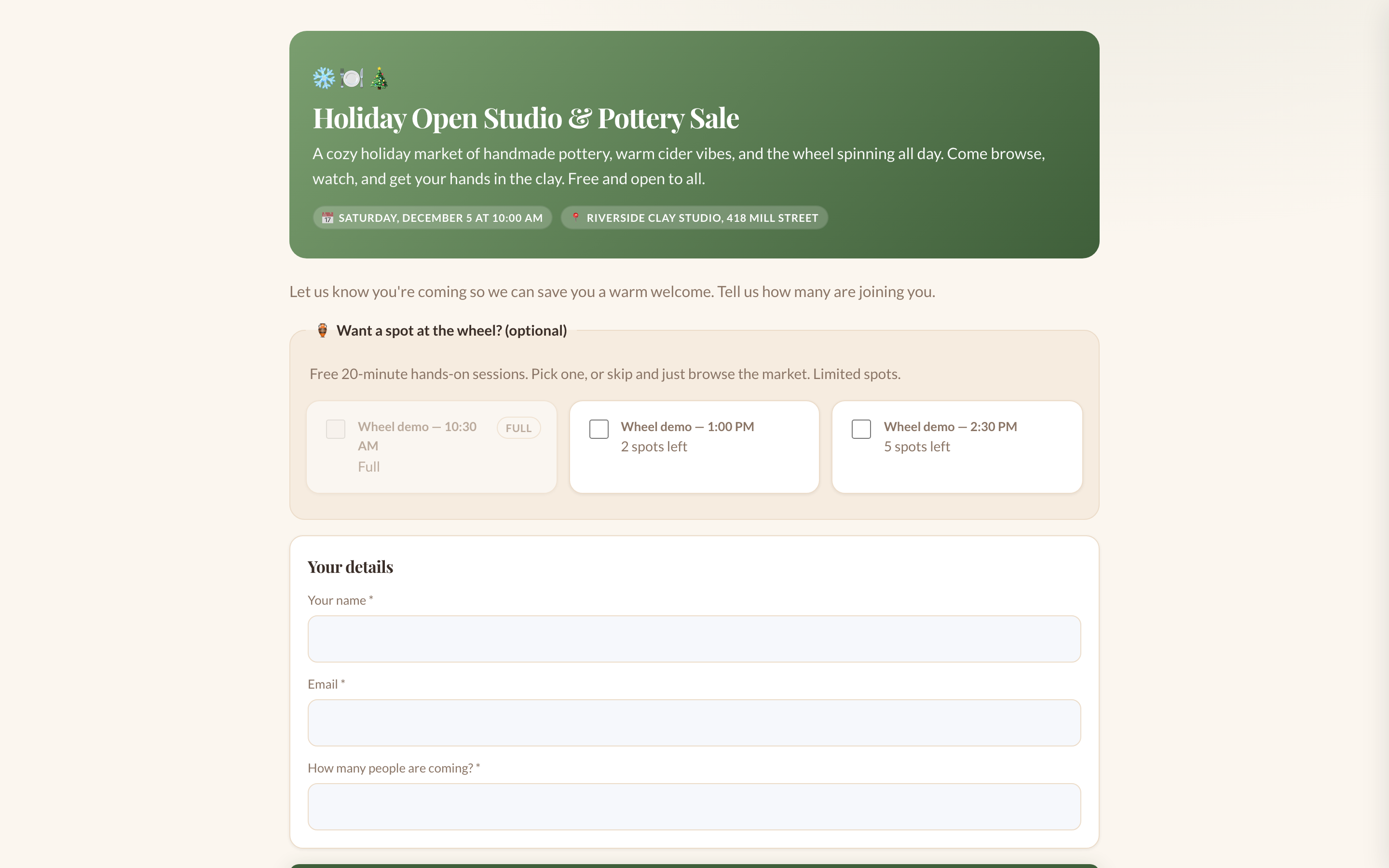 The free RSVP with wheel demo slots, the 10:30 slot full