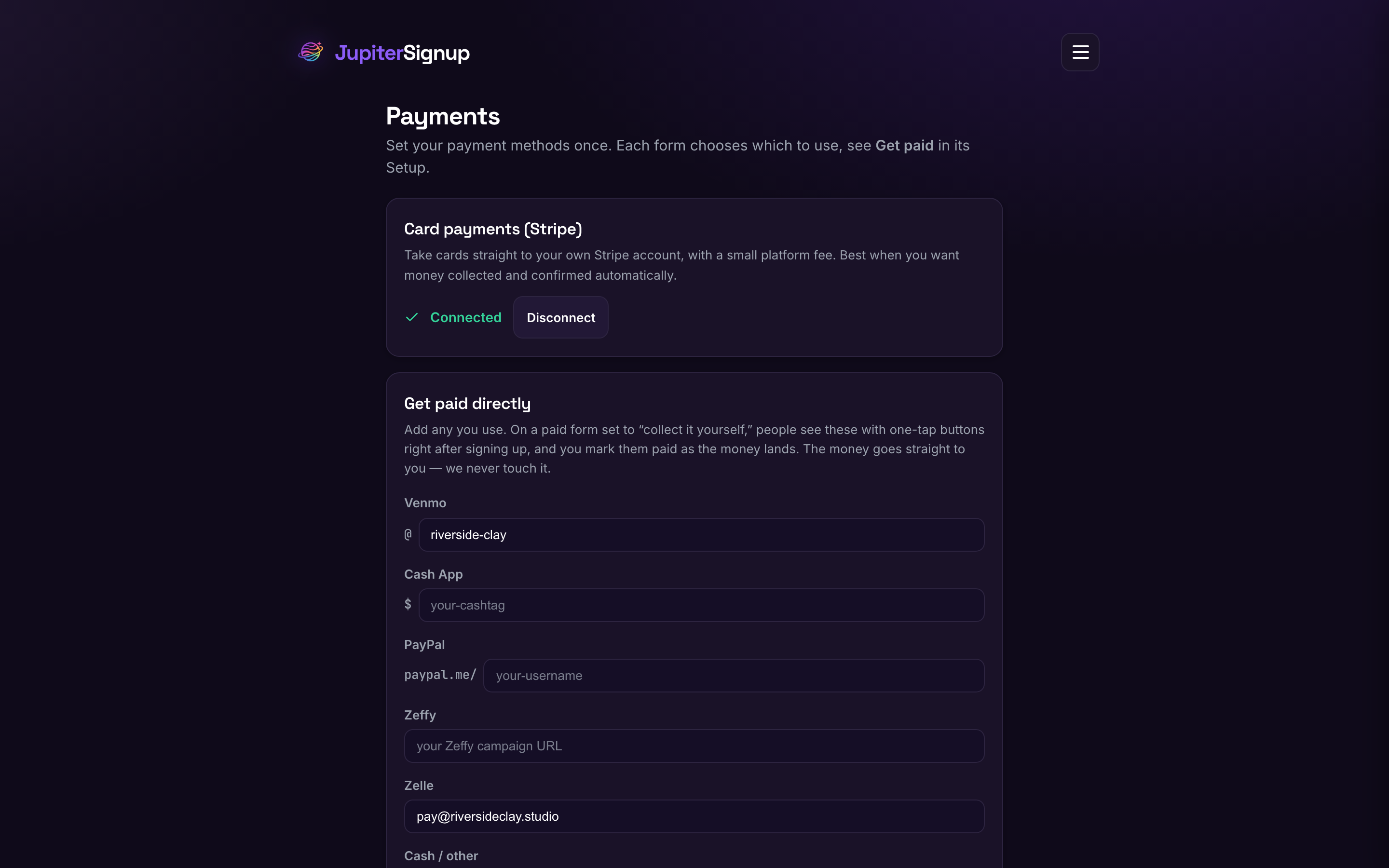The payments page: Stripe connected, Venmo and Zelle handles saved