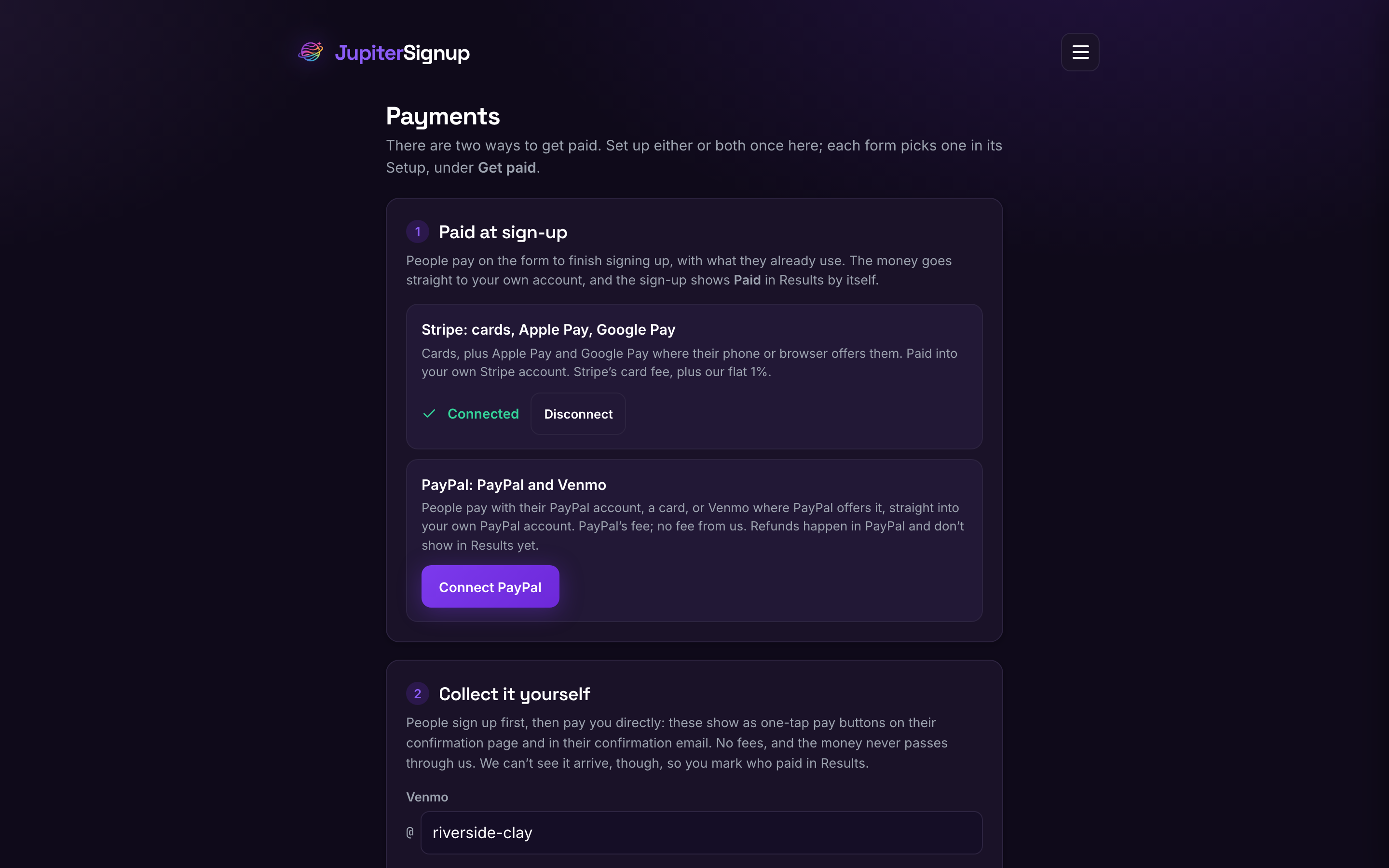 The payments page: Stripe connected, Venmo and Zelle handles saved