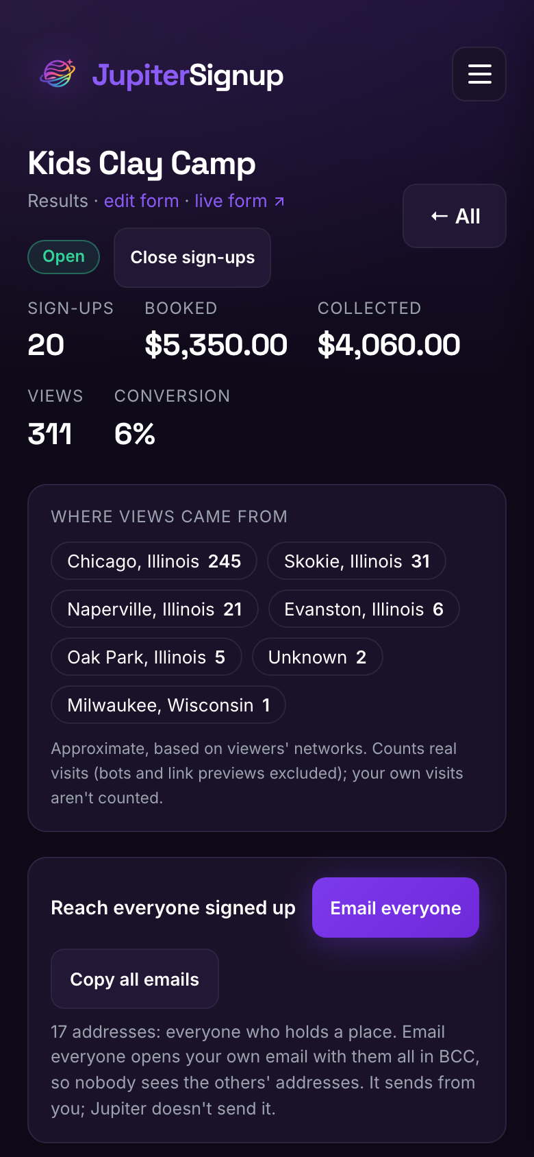 Camp results on a phone